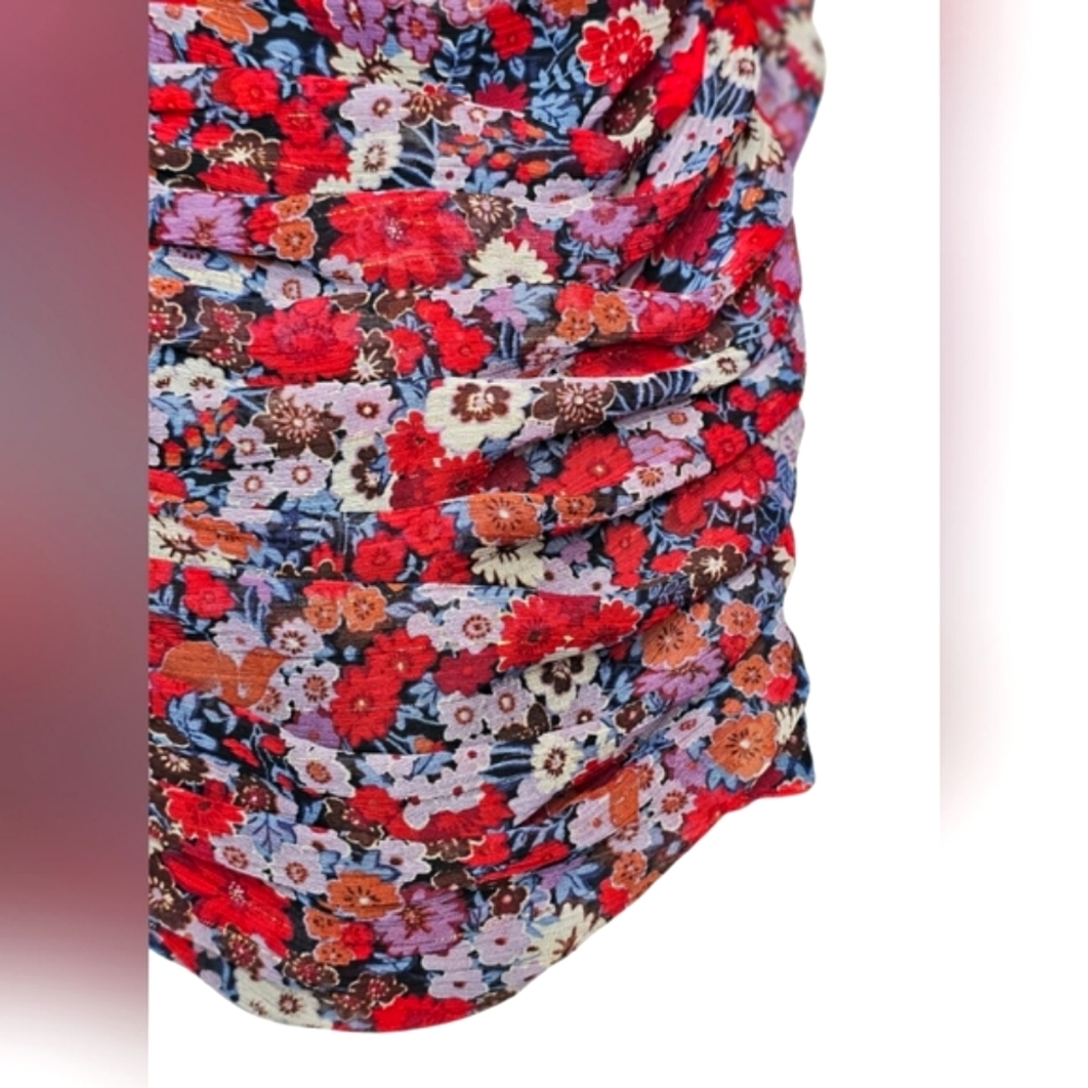 🆕️Zara Ruched Red Pink & Gold Ruched Puff Sleeve Mini Chiffon Draped Dress M - Picture 6 of 16